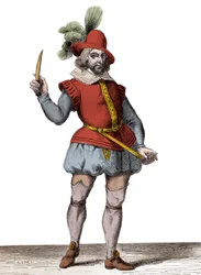 Ganzfiguriges Porträt von François Ravaillac (1578-1610), dem Mörder König Heinrichs IV. (1553-1610), Stich nach Christoffel van Sichem dem Älteren (1546-1624)