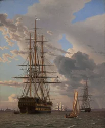 Das russische Linienschiff "Asow" und eine Fregatte vor Anker in den Straßen von Elsinore