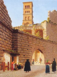 Die Mauer um das Augustus-Forum mit dem Mars-Ultor-Tempel und dem Glockenturm der Kirche San Basilio in Rom