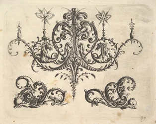 Ein fantastischer Kronleuchter mit brennenden Kerzen und Arabesken, einige enden in fantastischen Pferden, 1610