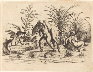 Drei Putti mit einem toten Stier