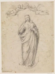 Maria mit dem Kind stehend auf dem Mond