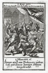 Simon und seine zwei Söhne werden von Ptolemäus getötet. 1 Makkabäer 14:16, 1695