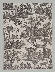 Fragment eines Kupferplatten bedruckten Baumwollstoffs mit Les quatres parties du monde Design, 1788