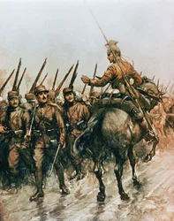 Lanzenreiter des belgischen Führerkorps passiert französische Infanterie, die 1914 an die Front marschiert