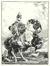 Frau in Tudor-Kostüm auf der Jagd zu Pferd
