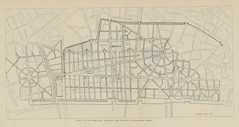 Sir Christopher Wrens Plan zum Wiederaufbau des verbrannten Gebiets überlagert auf den bestehenden Straßen