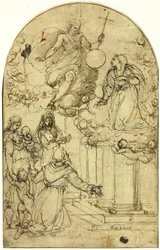 Vision des Heiligen Franz von Assisi in Portiuncula (recto); Ornamentales Design (verso)