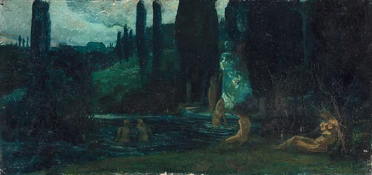 Badende Frauen am Abend in südlicher Landschaft