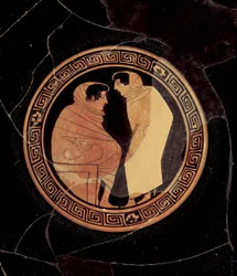 Attische rotfigurige Kylix, die ein Gespräch zwischen zwei männlichen Figuren darstellt, ca. 450 v. Chr. (Detail)