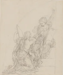 Linker Teil einer Lünette mit zwei Sibyllen, die Folianten tragen und gestikulieren