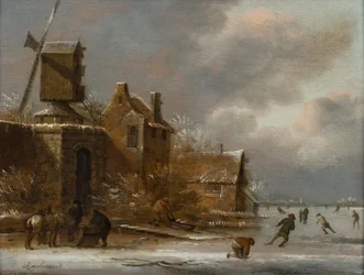 Winterlandschaft mit Schlittschuhläufern auf einem zugefrorenen Fluss vor einem Dorf