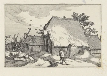 Bauernhof und Mann mit zwei Eimern