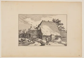 Ein Bauernhof, Mann mit zwei Eimern auf dem Weg vorne, aus Landschaften