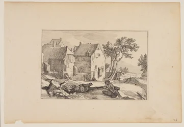 Ein Bauernhof, ruhender Schäfer im Vordergrund, aus Landschaften (Verscheyden aerdige Lanthuysen...)