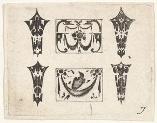 Schwarzstickerei-Druck mit zwei horizontalen Feldern und vier Fassungen, um 1620