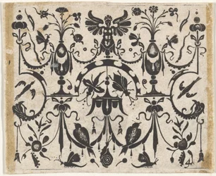 Schwarzarbeit-Druck mit einem symmetrischen grotesken Muster, ca. 1620