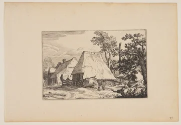 Bauernhof, Mann ruht sich an einem Zaun links der Mitte aus, aus Landschaften (Verscheyden aerdige Lanthuysen...)