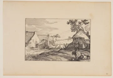 Bauernhof, junger Mann und Frau im Vordergrund, aus Landschaften (Verscheyden aerdige Lanthuysen...)