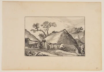 Zwei Scheunen, Wagen links, aus Landschaften (Verscheyden aerdige Lanthuysen...)