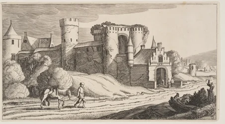 Ein Bauer mit einem Pferd auf einer Straße in der Nähe von Stadtmauern, aus Landschaften (Playsante Lantschappen)