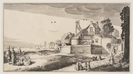 Bleichfeld vor einer Festung an einem Fluss, aus Landschaften (Playsante Lantschappen)