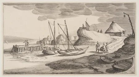 Boote an Land in der Nähe eines Wachturms, aus Landschaften (Playsante Lantschappen)