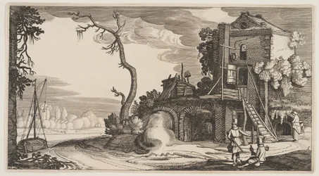 Quadratischer Turm als Gasthaus am Fluss, aus Landschaften (Playsante Lantschappen)