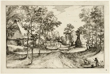 Dorfstraße, Platte vierzehn nach Bilder von Bauernhöfen, Landhäusern und rustikalen Dörfern (Praediorum villarum et rusticarum casularum icones)