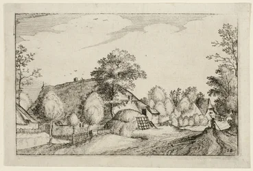 Dorfstraße, Platte zwölf nach Bilder von Bauernhöfen, Landhäusern und rustikalen Dörfern (Praediorum villarum et rusticarum casularum icones)