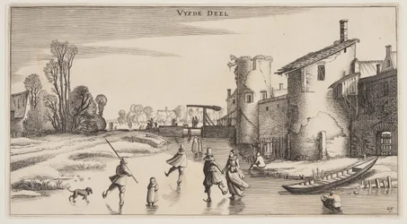 Winterlandschaft mit Schlittschuhläufern entlang einer Stadtmauer, aus Landschaften (Playsante Lantschappen)