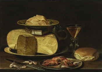 Stillleben mit Käse, Glas à la façon de Venise und Flusskrebs auf einem Zinnteller