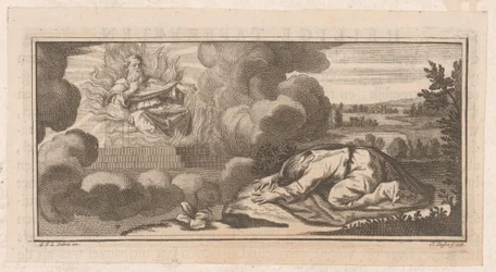 Allegorische oder biblische Darstellung mit kniender Figur vor einem Mann auf einem Thron mit Flammen