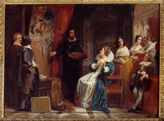 Königin von Frankreich Marie de Medicis (1573-1642) besucht die Werkstatt des Malers Pierre Paul Rubens (1577-1640). Gemälde von Claudius Jacquand (1804-1878)