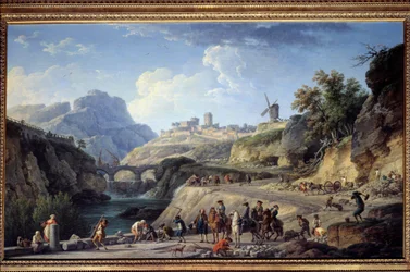Bau einer großen Straße. Baustelle einer Straße. (1714-1789) Maße: 0,97 x 1,62 m.