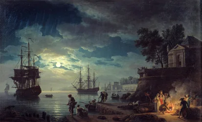 Mondscheinangeln Nachtansicht eines Hafens mit Männern, die ein Lagerfeuer machen. Gemälde von Joseph Vernet