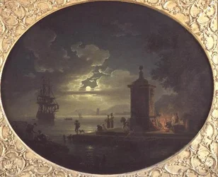 Nacht: Eine mondbeschienene Küstenlandschaft mit Fischern an einem Feuer auf einem Kai, ein Kriegsschiff im Hintergrund