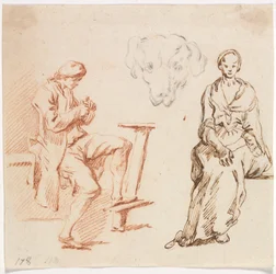 Blatt mit Studien: Sitzender Mann, Kopf eines Hundes, Sitzende Frau, 1700er