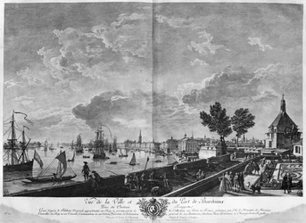 Blick auf die Stadt und den Hafen von Bordeaux vom Château Trompette aus, Serie "Les Ports de France", graviert von Charles Nicolas Cochin dem Jüngeren