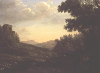 Weitläufige Waldlandschaft mit Ruinentempel