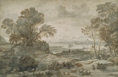 Landschaft mit Christus, der die Bergpredigt hält