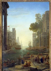 Landschaft mit dem Boot der Heiligen Paula Romana in Ostia. Heilige Paula verlässt ihre Kinder, um ins Heilige Land zu reisen. (Detail)