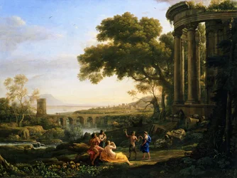 Landschaft mit Nymphe und Satyr beim Tanzen