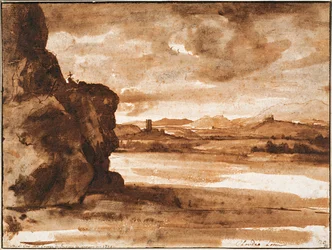 Tiberlandschaft nördlich von Rom mit dunklem wolkigem Himmel, zwischen 1630 und 1640