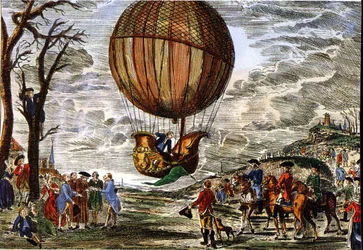 Flug eines Heißluftballons unter der Aufsicht des Herzogs von Chartres im Jahr 1783, Gravur