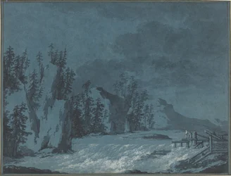 Flussstromschnellen bei bewaldeten Klippen