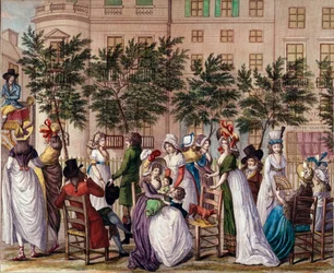 Mode unter dem Direktorium: „Le petit Coblenz“, die Promenade Boulevard des Italiens in Paris. Lithographie von Claude Louis Desrais (1746-1816) 1798. Paris, Musee Carnavalet