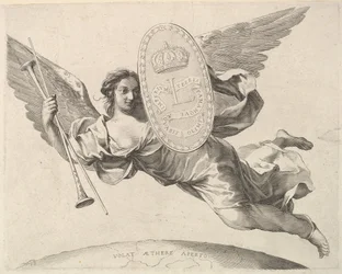 Ruhm trägt ein Schild mit dem Initial von Ludwig XIV La Renommée volant