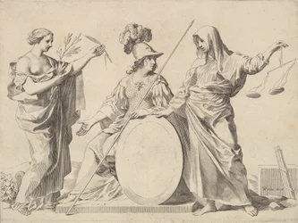 Minerva flankiert von Frieden und Gerechtigkeit Armoiries de Gallard et de Mesmes