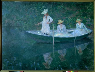 Boot in Giverny oder in norwegischer Tracht. Madame Hoschedés, der zweiten Ehefrau des Künstlers, Töchter Germaine, Suzanne und Blanche, um 1887. (0,98 x 1,31 cm). Musée d